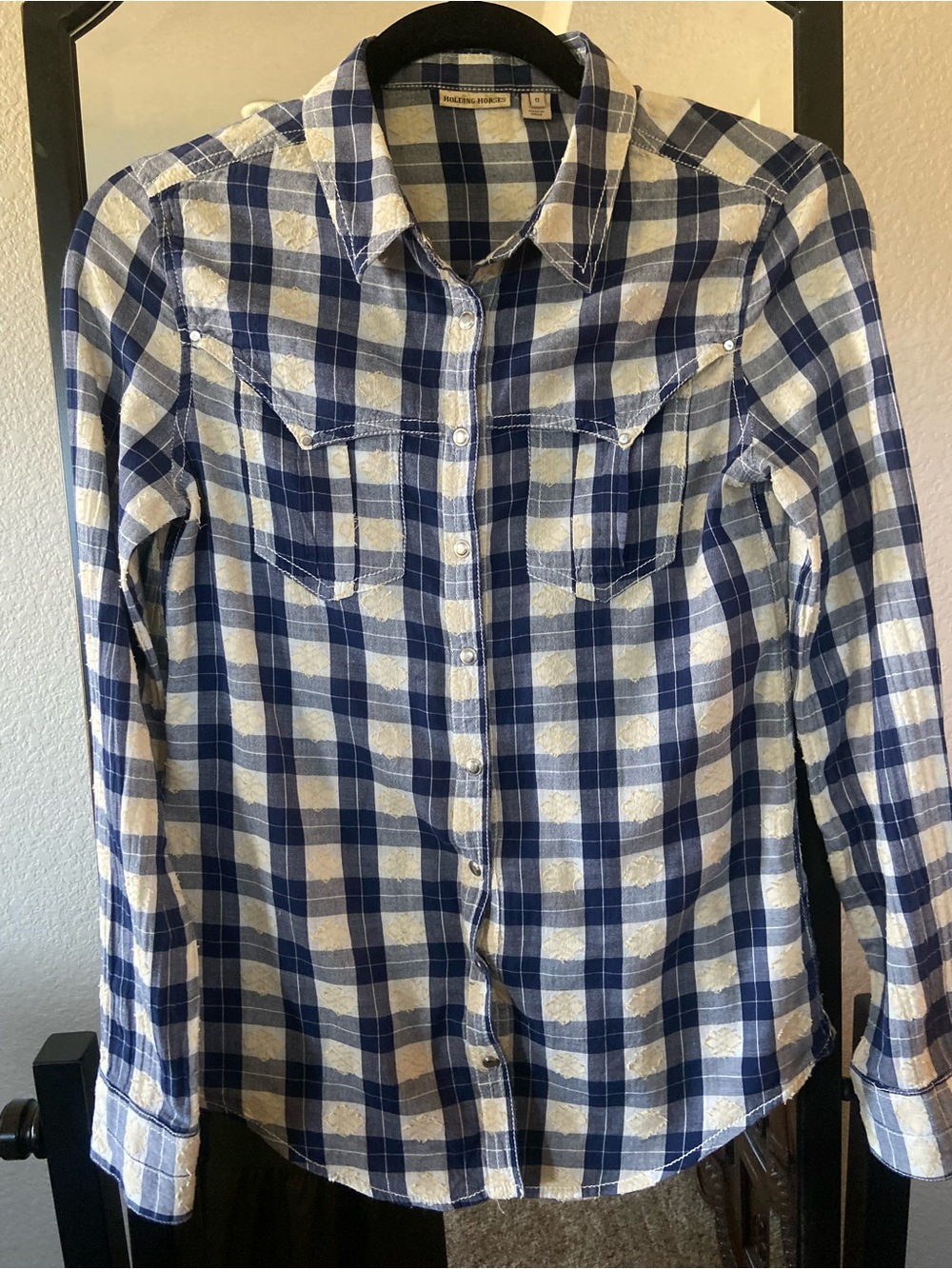 HOLDING HORSES Anthropologie Blue and White Plaid Button-Down Shirt